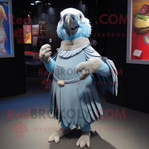 Silver Macaw mascot costume character dressed with a Pleated Skirt and Mittens
