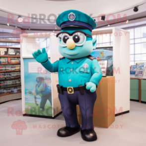 Teal Police Officer mascot costume character dressed with a Tank Top and Reading glasses