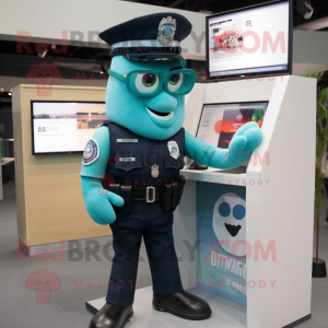 Teal Police Officer mascot costume character dressed with a Tank Top and Reading glasses