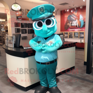 Teal Police Officer mascot costume character dressed with a Tank Top and Reading glasses