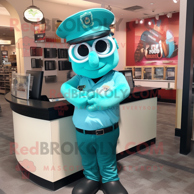 Teal Police Officer mascot costume character dressed with a Tank Top and Reading glasses Teal Police Officer mascot costume character dressed with a Tank Top and Reading glasses