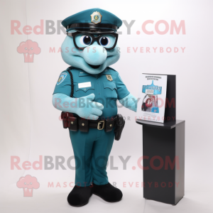 Teal Police Officer mascot costume character dressed with a Tank Top and Reading glasses