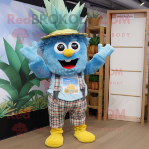 Sky Blue Pineapple mascot costume character dressed with a Dungarees and Hats