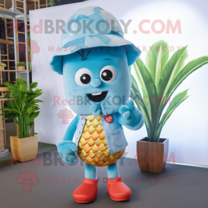 Sky Blue Pineapple mascot costume character dressed with a Dungarees and Hats