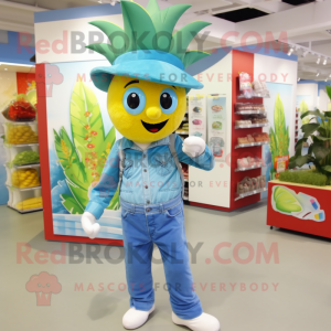 Sky Blue Pineapple mascot costume character dressed with a Dungarees and Hats