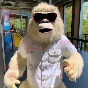 Cream Gorilla mascot costume character dressed with a Henley Shirt and Sunglasses