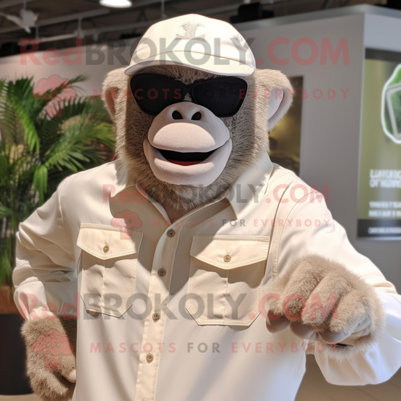 Cream Gorilla mascot costume character dressed with a Henley Shirt and Sunglasses Cream Gorilla mascot costume character dressed with a Henley Shirt and Sunglasses
