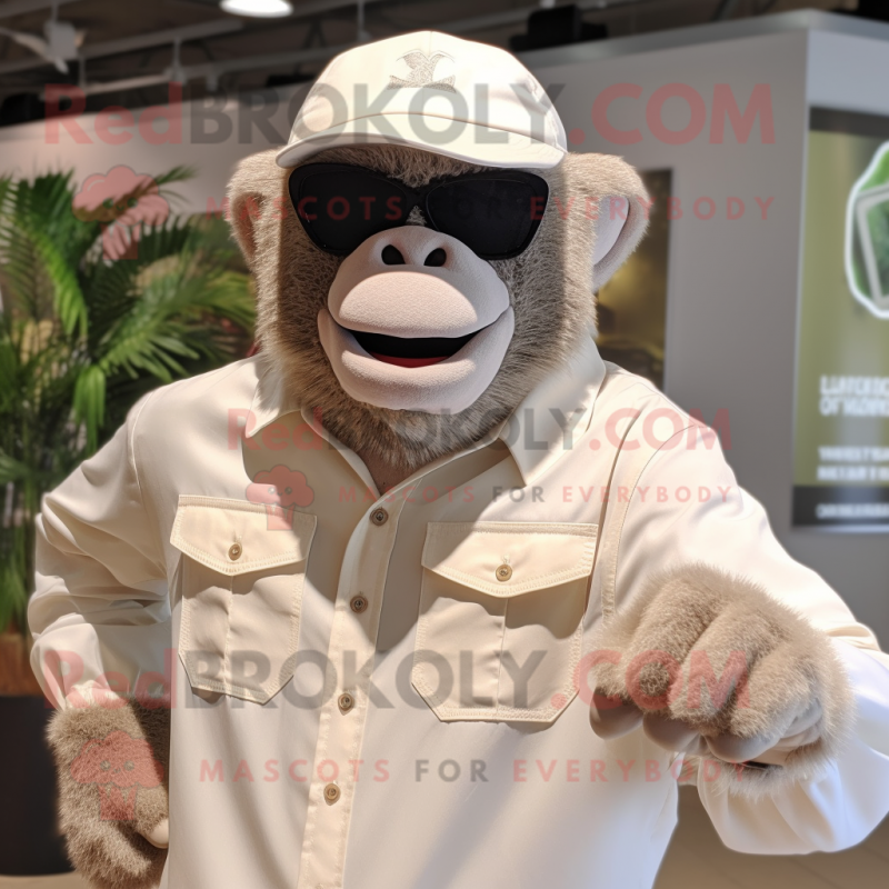 Cream Gorilla mascot costume character dressed with a Henley Shirt and Sunglasses