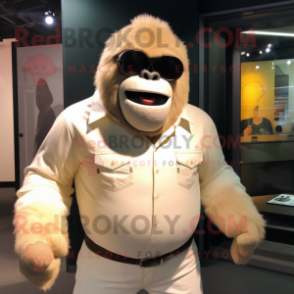 Cream Gorilla mascot costume character dressed with a Henley Shirt and Sunglasses