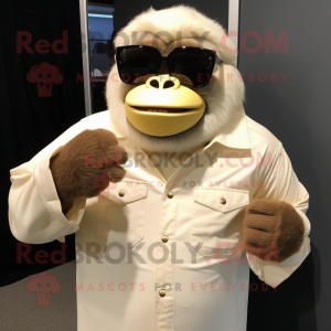 Cream Gorilla mascot costume character dressed with a Henley Shirt and Sunglasses