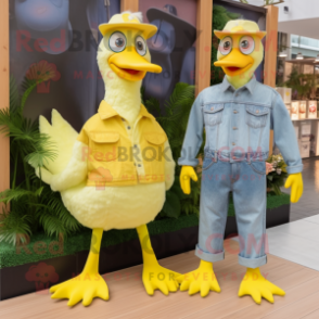 Lemon Yellow Swans mascot costume character dressed with a Chambray Shirt and Shoe clips