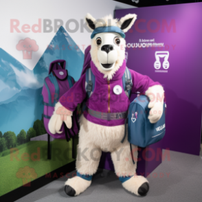 Purple Llama mascot costume character dressed with a Rugby Shirt and Backpacks