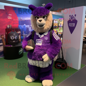 Purple Llama mascot costume character dressed with a Rugby Shirt and Backpacks