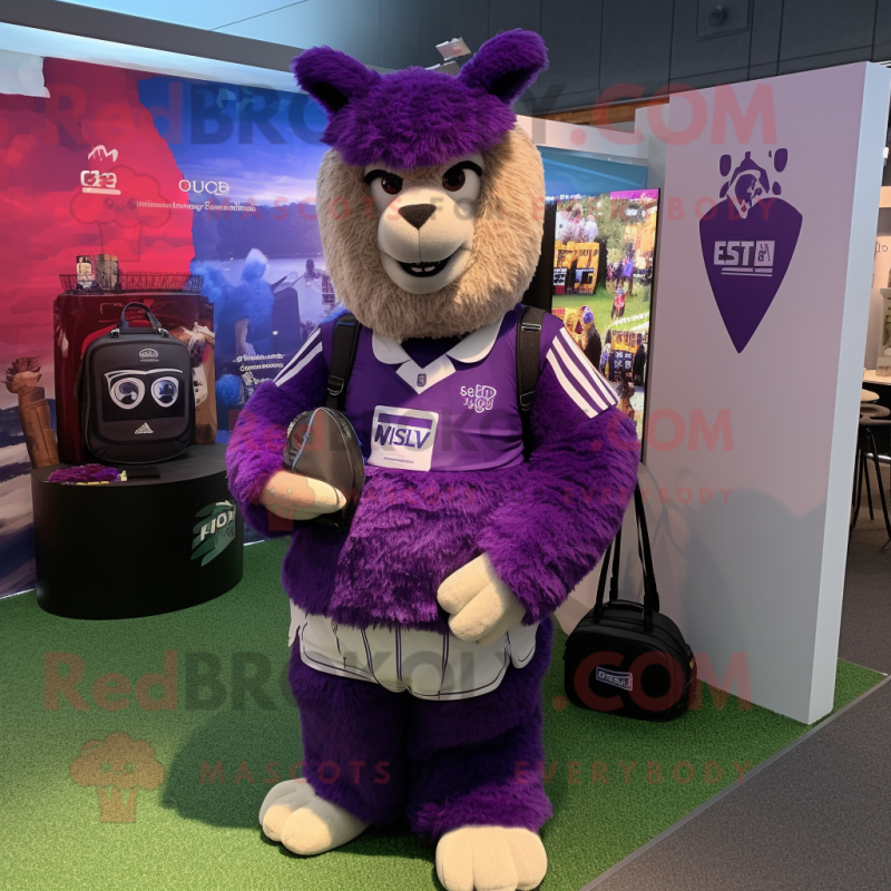 Purple Llama mascot costume character dressed with a Rugby Shirt and Backpacks Purple Llama mascot costume character dressed with a Rugby Shirt and Backpacks
