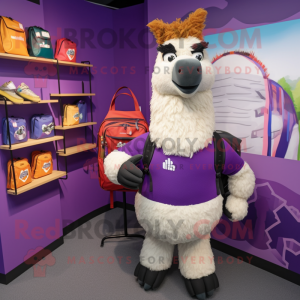 Purple Llama mascot costume character dressed with a Rugby Shirt and Backpacks