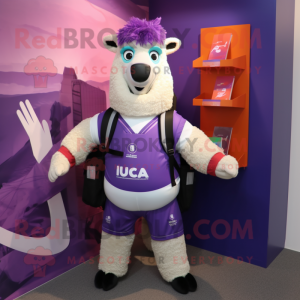 Purple Llama mascot costume character dressed with a Rugby Shirt and Backpacks