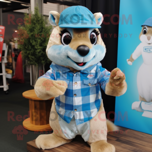 Sky Blue Flying Squirrel mascot costume character dressed with a Flannel Shirt and Berets