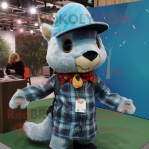Sky Blue Flying Squirrel mascot costume character dressed with a Flannel Shirt and Berets