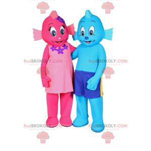 Deux mascottes de bonhomme-poisson rose et bleu - Redbrokoly.com