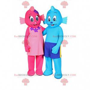 Dois mascotes de boneco de neve rosa e azul - Redbrokoly.com