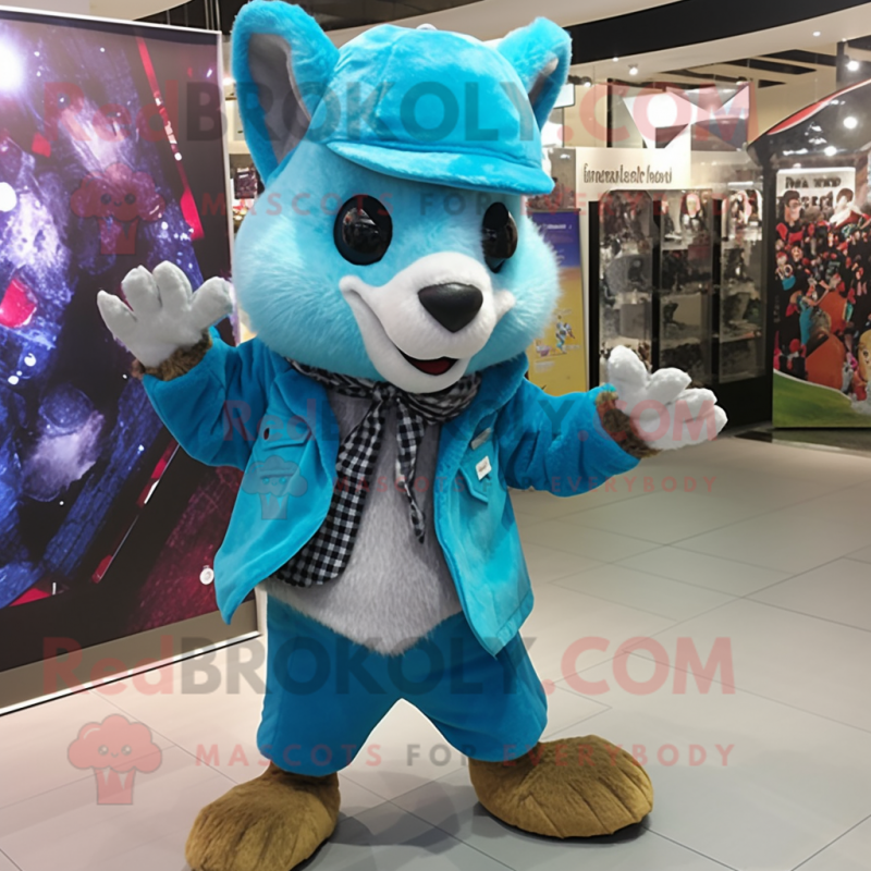 Sky Blue Flying Squirrel mascot costume character dressed with a Flannel Shirt and Berets