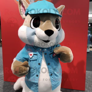 Sky Blue Flying Squirrel mascot costume character dressed with a Flannel Shirt and Berets