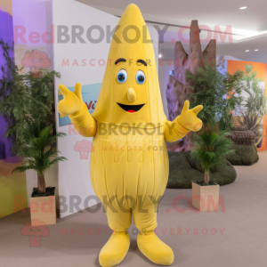 Yellow Asparagus mascot costume character dressed with a Corduroy Pants and Clutch bags