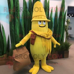 Yellow Asparagus mascot costume character dressed with a Corduroy Pants and Clutch bags