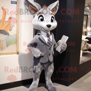 Silver Roe Deer mascot costume character dressed with a Suit Jacket and Wallets