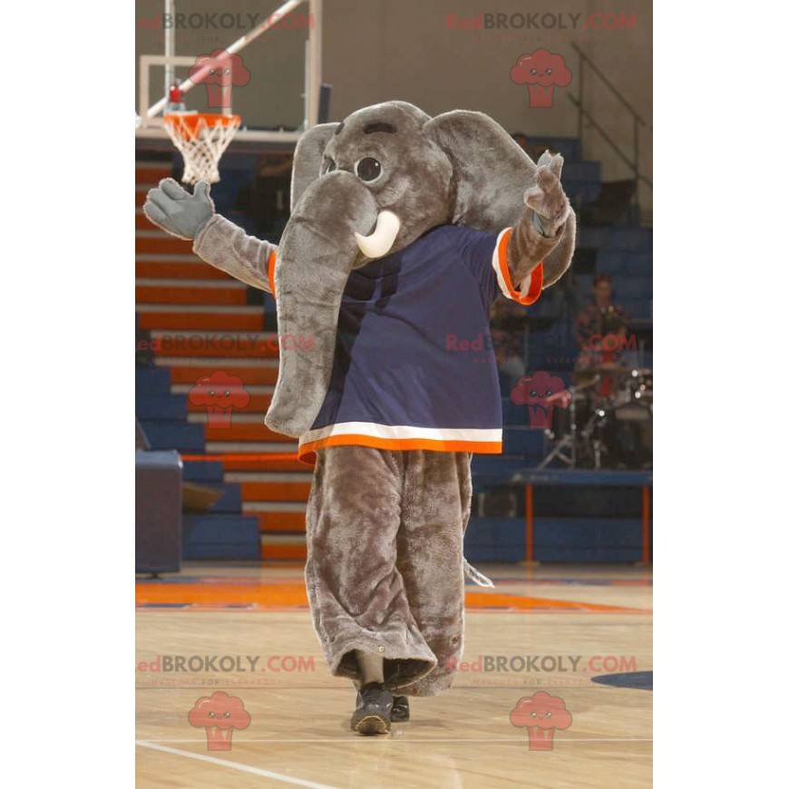 Gigantische grijze olifant mascotte met een grote slurf -