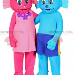 Deux mascottes de bonhomme-poisson rose et bleu - Redbrokoly.com