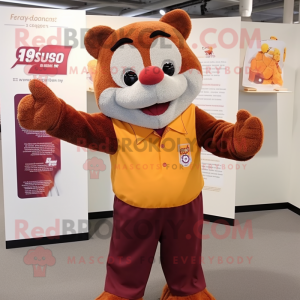 Maroon Orange mascot costume character dressed with a Button-Up Shirt and Shawl pins