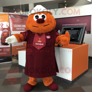Maroon Orange mascot costume character dressed with a Button-Up Shirt and Shawl pins