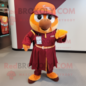 Maroon Orange mascot costume character dressed with a Button-Up Shirt and Shawl pins