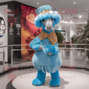 Sky Blue Camel mascot costume character dressed with a Circle Skirt and Hats