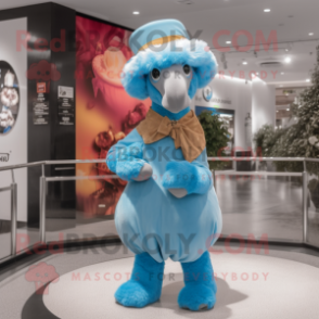 Sky Blue Camel mascot costume character dressed with a Circle Skirt and Hats