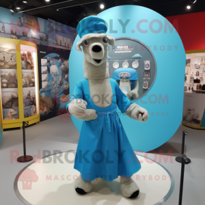 Sky Blue Camel mascot costume character dressed with a Circle Skirt and Hats