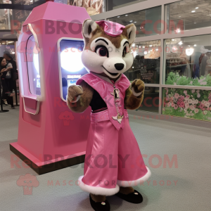 Pink Marten mascot costume character dressed with a Midi Dress and Rings