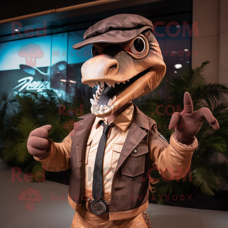 Brown Velociraptor mascot costume character dressed with a Windbreaker and Bow ties