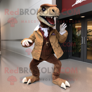 Brown Velociraptor mascot costume character dressed with a Windbreaker and Bow ties
