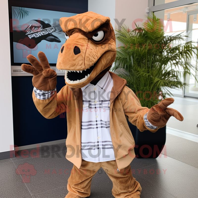 Brown Velociraptor mascot costume character dressed with a Windbreaker and Bow ties