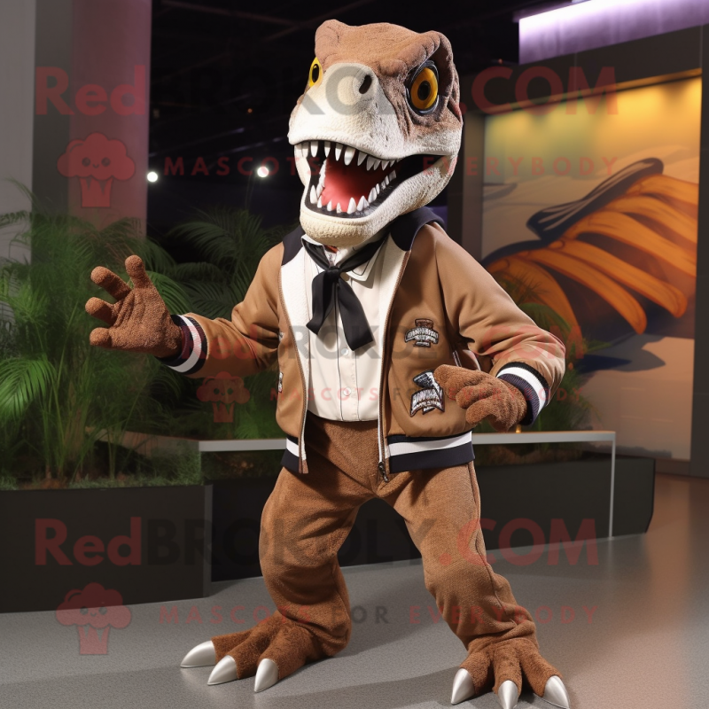 Brown Velociraptor mascot costume character dressed with a Windbreaker and Bow ties