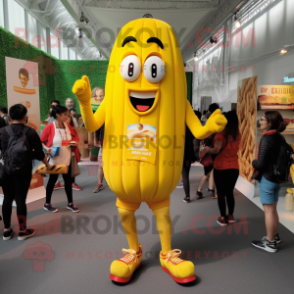 Yellow French Fries mascot costume character dressed with a Running Shorts and Backpacks