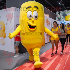 Yellow French Fries mascot costume character dressed with a Running Shorts and Backpacks