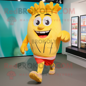 Yellow French Fries mascot costume character dressed with a Running Shorts and Backpacks