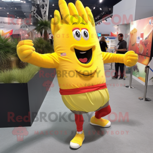 Yellow French Fries mascot costume character dressed with a Running Shorts and Backpacks