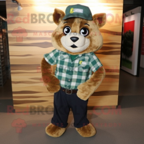 Olive Puma mascot costume character dressed with a Flannel Shirt and Cummerbunds