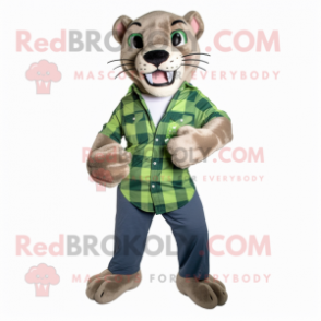 Olive Puma mascot costume character dressed with a Flannel Shirt and Cummerbunds