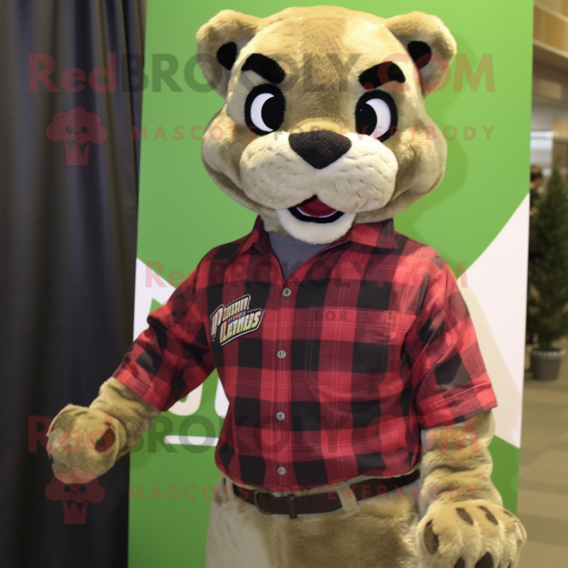 Olive Puma mascot costume character dressed with a Flannel Shirt and Cummerbunds