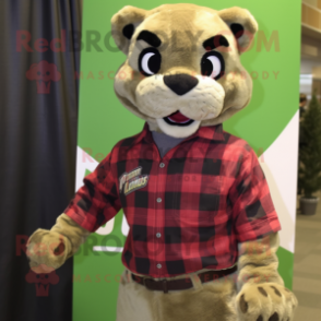 Olive Puma mascot costume character dressed with a Flannel Shirt and Cummerbunds